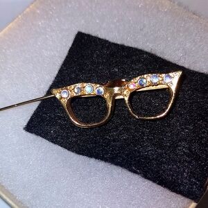 Goldtone Birdseye Eyeglasses Brooch AB Crystal